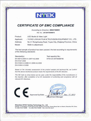 China Yuyao Lishuai Film &amp; Television Equipment Co., Ltd. Certification